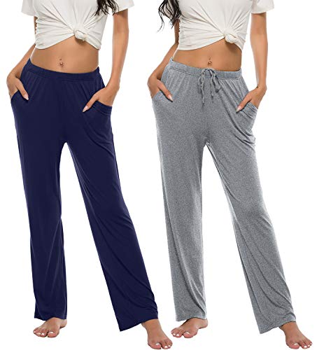 MoFiz Damen Schlafanzughose Lang Schlafhose Modal Nachtwäsche Weich Pyjamahose Schwarzblau + Hellgrau XXL von MoFiz