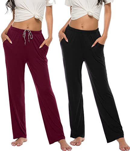 MoFiz Damen Schlafanzughose Lang Schlafhose Modal Nachtwäsche Weich Pyjamahose Weinrot + Schwarz XXL von MoFiz