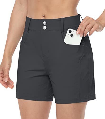 MoFiz Damen Shorts Hohe Taille Leichte Golf Wandershorts Kurze Hose Sommer Schnelltrocknend Shorts mit Taschen Dunkelgrau DE44 (Etikett 36) von MoFiz
