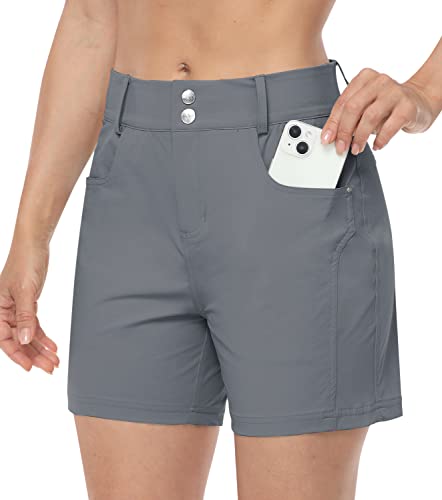 MoFiz Damen Shorts Hohe Taille Leichte Golf Wandershorts Kurze Hose Sommer Schnelltrocknend Shorts mit Taschen Hellgrau DE44 (Etikett 36) von MoFiz