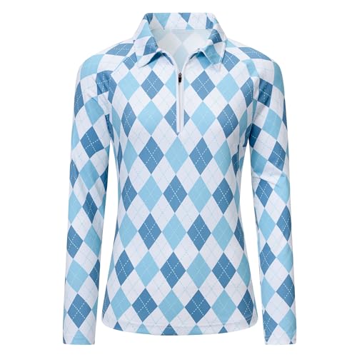 MoFiz Damen Sport Poloshirt Langarm mit 1/4 Reißverschluss Golf Tennis Polohemd Leicht Atmungsaktiv Winte Polo T-Shirts F-Blau S von MoFiz