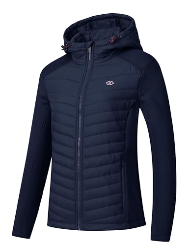MoFiz Damen Sportjacke Steppjacke Premium Hybridjacke Atmungsaktiver Hooded Trainingsjacke für Laufen, Wandern und Freizeit Marineblau 2XL von MoFiz