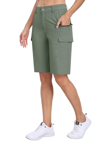MoFiz Damen Wander Cargo Shorts Outdoor Wandershorts Kurz Leicht Atmungsaktiv Sommer Bermuda Shorts mit Reißverschlusstaschen für Trekking Graugrün L von MoFiz