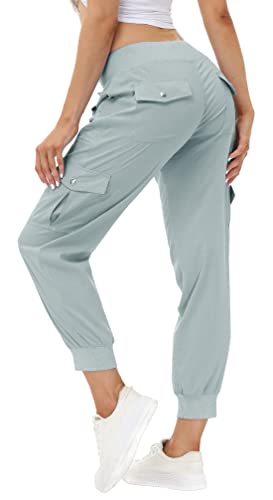 MoFiz Damen-Wanderhose, Cargohose, Jogger, leicht, schnell trocknend, Outdoor, lässig, Reisen, Sweathose, elastische Taille, Knopftaschen, A18 - hellgrau, X-Groß von MoFiz