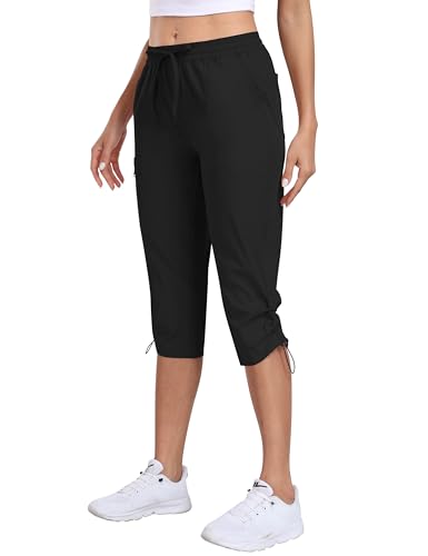 MoFiz Damen Wanderhose Outdoorhose Caprihose Trekkinghose 3/4 Lange Cargohose Sommer Leicht Trainingshose Freizeithose UPF 50 mit Tasche Schwarz M von MoFiz