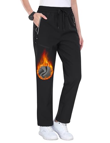 MoFiz Damen Wanderhose Wasserdicht Outdoor Hosen Fleece-Futter Trekkinghose Winter Warm Skihose Trekkinghose mit Reißverschlusstasche Schwarz L von MoFiz