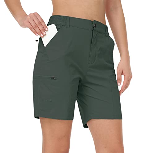 MoFiz Damen Wandershorts Cargo Shorts Stretch Schnell Trocken Leichte Golf Active Shorts Outdoor Sommer Shorts mit Taschen, Grün (Army Green), Groß von MoFiz