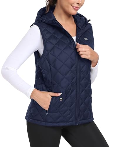 MoFiz Damen Weste Steppweste Leichte Kapuzen Weste Elegant Übergangs Weste Warme Ärmellos Outdoorjacke mit Kapuze Marineblau Größe US L/EU XL von MoFiz