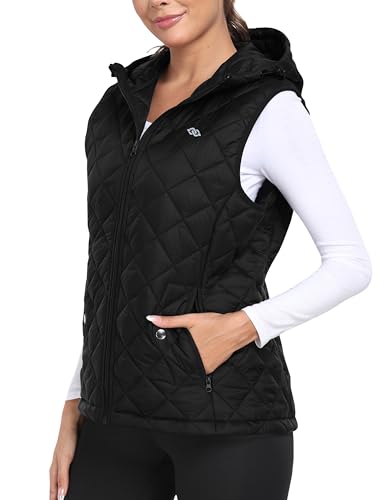 MoFiz Damen Weste Steppweste Leichte Kapuzen Weste Elegant Übergangs Weste Warme Ärmellos Outdoorjacke mit Kapuze Schwarz Größe US L/EU XL von MoFiz