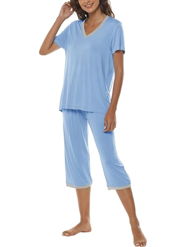 MoFiz Damen Zweiteiliger Schlafanzug Einfarbig Kurz Pyjama Set Leicht V-Ausschnitt Nachtwäsche Hausanzug Kurzarm Shirt und Capri Pyjamahose Himmelblau Größe L von MoFiz
