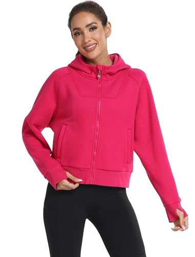 MoFiz Fleecejacke Damen Hoodies Kapuzenjacke Sweatjacke Kurzes mit Zipper und Taschen Sport Casual Basic Winterpullover Rosa M von MoFiz