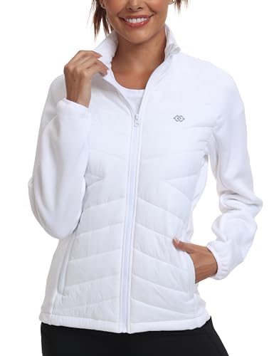 MoFiz Fleecejacke Damen Winterjacke Leichte Daunenjacke Stehkragen Sweatjacke ohne kapuze mit Reißverschluss Weiß 3XL von MoFiz