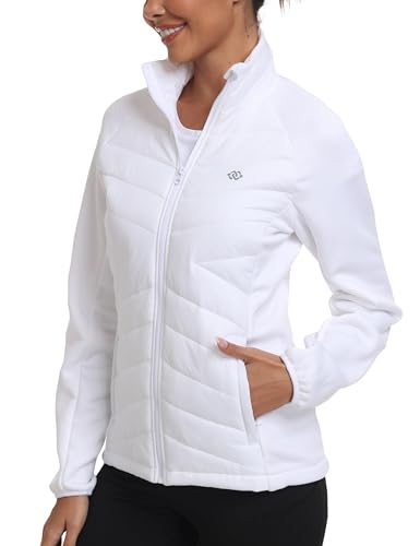 MoFiz Fleecejacke Damen Winterjacke Leichte Daunenjacke Stehkragen Sweatjacke ohne kapuze mit Reißverschluss Weiß XL von MoFiz