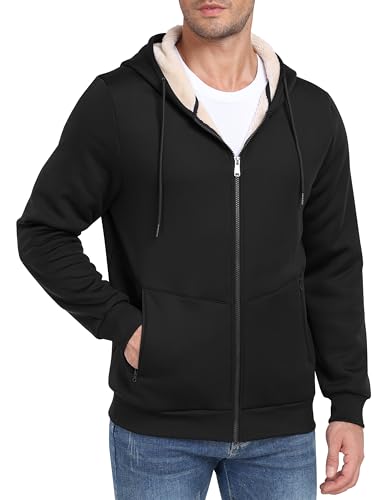 MoFiz Fleecejacke Herren mit Reißverschluss Sherpa Gefüttert Sweatjacke mit Kapuze Warme Winterjacke Hoodie Übergangsjacke Wanderjacke Schwarz EU 3XL von MoFiz