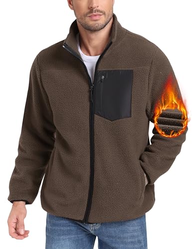 MoFiz Fleecejacken Herren Outdoor Stehkragen Warm Sherpa Winter Jacke Leichte Übergangsjacke Wandern Freizeitjacke mit Reißverschluss-Taschen Braun EU 3XL von MoFiz