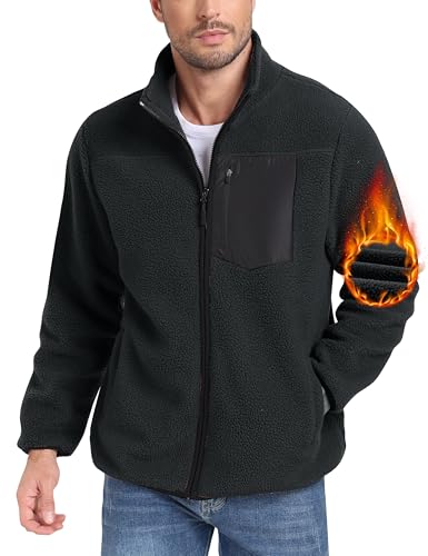 MoFiz Fleecejacken Herren Outdoor Stehkragen Warm Sherpa Winter Jacke Leichte Übergangsjacke Wandern Freizeitjacke mit Reißverschluss-Taschen Grau EU 3XL von MoFiz