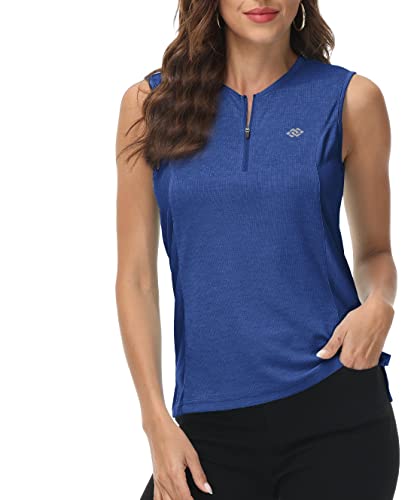 MoFiz Golf Shirts Damen Ärmellose Elegant Sommer T Shirts Rundem Ausschnitt Mit Reißverschluss Blau L von MoFiz