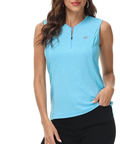 MoFiz Golf Shirts Damen Ärmellose Elegant Sommer T Shirts Rundem Ausschnitt Mit Reißverschluss Himmelblau S von MoFiz