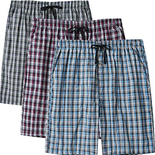 MoFiz Herren Baumwolle Schlafshorts Pyjamahose Kurz Karierte Schlafanzughose Nachtwäsche 3 Pack L von MoFiz