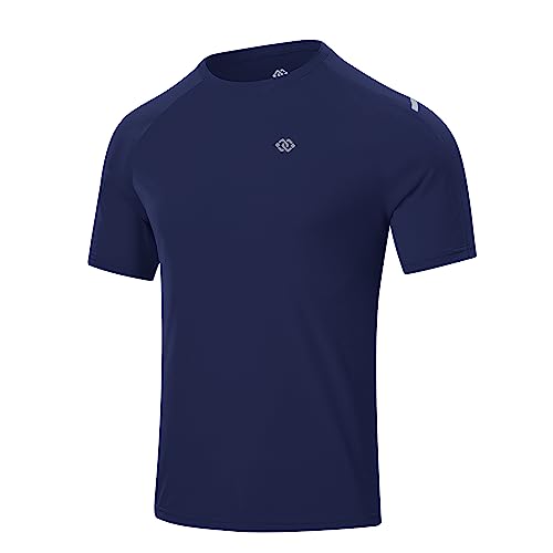 MoFiz Herren Funktions Sport T-Shirts Kurzarm Schnelltrocknend Fitnessshirt Leicht Stretch Surf Shirt Laufshirts mit Reflektierender Streifen Marine Blau M von MoFiz