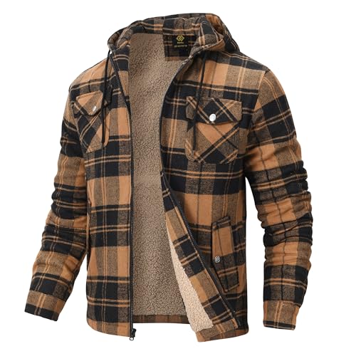 MoFiz Herren Karierts Flanellhemd Gefüttert Hemdjacke Thermo Kapuzenhemd Langarm Freizeithemd Baumwolle Reißverschluss Winterjacke Warm Dicke Holzfällerhemd mit Kapuze Braun XL von MoFiz