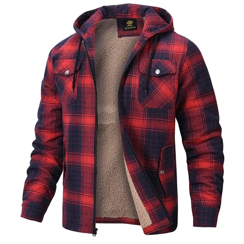 MoFiz Herren Karierts Flanellhemd Gefüttert Hemdjacke Thermo Kapuzenhemd Langarm Freizeithemd Baumwolle Reißverschluss Winterjacke Warm Dicke Holzfällerhemd mit Kapuze Rot Blau XL von MoFiz