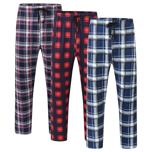 MoFiz Herren Lange Pyjamahose Weich Schlafanzughose Karierte Freizeithose Loungewear Nachtwäsche Elastischem Bund mit Kordelzug und Taschen 3 Pack-PA, XL von MoFiz