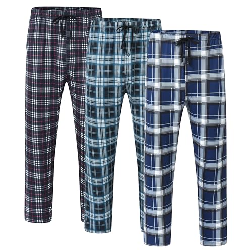 MoFiz Herren Lange Pyjamahose Weich Schlafanzughose Karierte Freizeithose Loungewear Nachtwäsche Elastischem Bund mit Kordelzug und Taschen 3 Pack-PB, XL von MoFiz