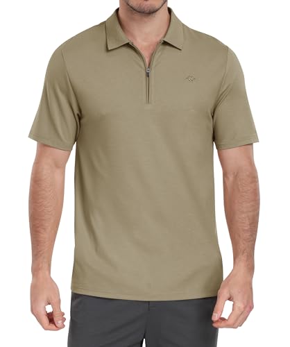MoFiz Herren Poloshirt Kurzarm Baumwolle Polohemd Verdeckter Reißverschluss Kragen Atmungsaktiv Sommer Sport Golf Polo Arbeitsshirt Khaki EU L von MoFiz