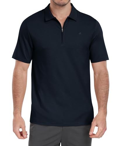 MoFiz Herren Poloshirt Kurzarm Baumwolle Polohemd Verdeckter Reißverschluss Kragen Atmungsaktiv Sommer Sport Golf Polo Arbeitsshirt Marineblau EU M von MoFiz