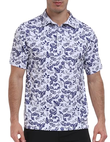MoFiz Herren Poloshirt mit Muster Kurzarm Polohemd Vintage Polo Bunt Hawaii Sommer Atmungsaktiv Gedruckt Freizeitshirt IC-Pflanzen-Dunkelblau EU M von MoFiz