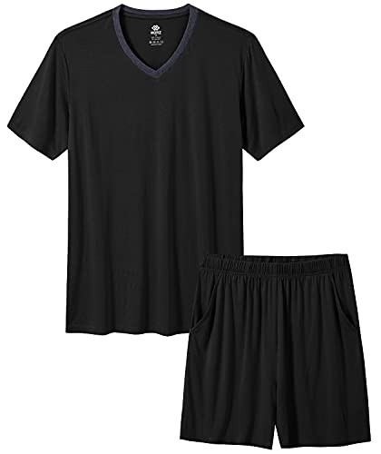 MoFiz Herren-Pyjama-Set, Bambus, Nachtwäsche, leicht, schnell trocknend, weich, kurzärmelig, V-Ausschnitt, Schlaf-Set mit Taschen, 2-Schwarz, Large von MoFiz