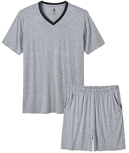 MoFiz Herren-Pyjama-Set, Bambus, Nachtwäsche, leicht, schnell trocknend, weich, kurzärmelig, V-Ausschnitt, Schlaf-Set mit Taschen, 7-light grey, XX-Large von MoFiz