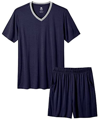 MoFiz Herren-Pyjama-Set, Sommer-Pyjama, Nachtwäsche, leicht, schnell trocknend, weich, kurzärmelig, V-Ausschnitt, Schlaf-Set mit Tasche, 8-navy, Large von MoFiz