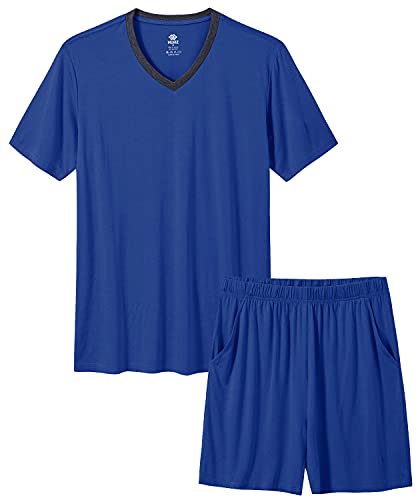 MoFiz Herren-Pyjama-Set, Bambus, Nachtwäsche, leicht, schnell trocknend, weich, kurzärmelig, V-Ausschnitt, Schlaf-Set mit Taschen, 9-mittelblau, X-Large von MoFiz