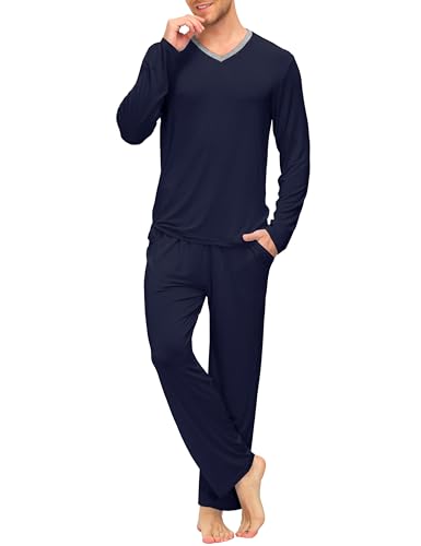 MoFiz Herren Pyjama Set Einfarbiger Zweiteiliger Schlafanzug Langarm Shirt und Pyjamahose mit Einem Elastischen Bund Ausgestattet Marineblau Größe L von MoFiz