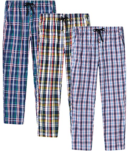 MoFiz Herren Pyjamahose Baumwolle Lange Schlafanzughosen Freizeithose Kariert Loungewear Nachtwäsche mit Seitentaschen 3Pack-A L von MoFiz