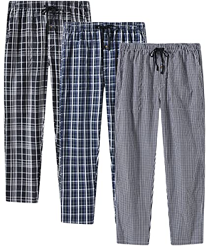 MoFiz Herren Pyjamahose Baumwolle Lange Schlafanzughosen Freizeithose Kariert Loungewear Nachtwäsche mit Seitentaschen 3Pack-B XXL von MoFiz