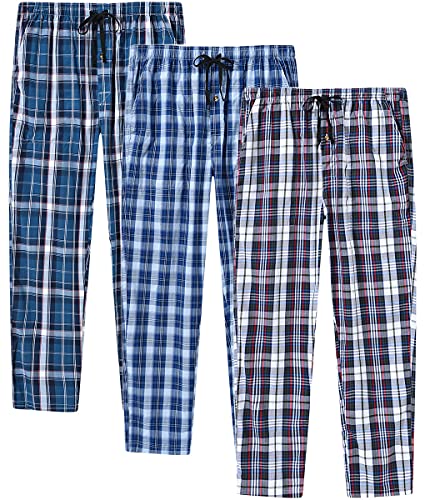 MoFiz Herren Pyjamahose Baumwolle Lange Schlafanzughosen Freizeithose Kariert Loungewear Nachtwäsche mit Seitentaschen 3Pack-C L von MoFiz