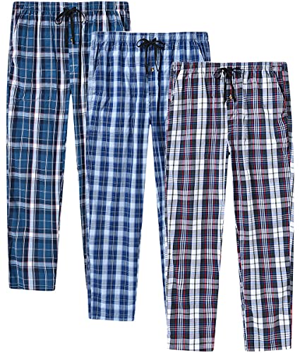 MoFiz Herren Pyjamahose Baumwolle Lange Schlafanzughosen Freizeithose Kariert Loungewear Nachtwäsche mit Seitentaschen 3Pack-C XXL von MoFiz