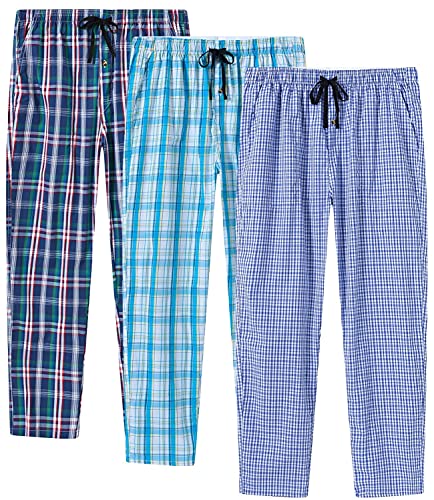 MoFiz Herren Pyjamahose Baumwolle Lange Schlafanzughosen Freizeithose Kariert Loungewear Nachtwäsche mit Seitentaschen 3Pack-D XXL von MoFiz