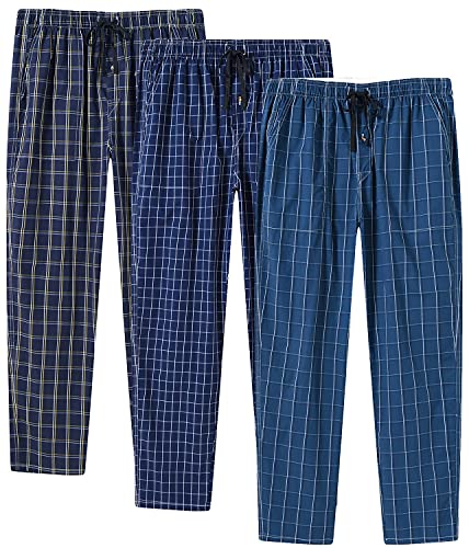 MoFiz Herren Pyjamahose Baumwolle Lange Schlafanzughosen Freizeithose Kariert Loungewear Nachtwäsche mit Seitentaschen 3Pack-E XXL von MoFiz