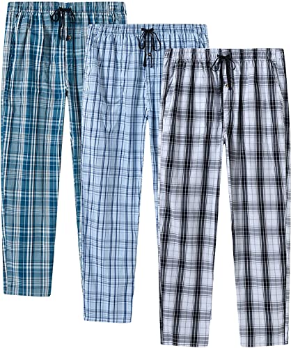 MoFiz Herren Pyjamahose Baumwolle Lange Schlafanzughosen Freizeithose Kariert Loungewear Nachtwäsche mit Seitentaschen 3Pack-F M von MoFiz