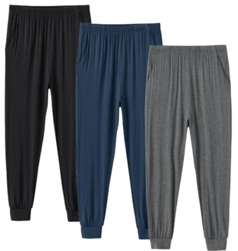 MoFiz Herren Pyjamahose Bündchen Schlafanzughose Lang Modal Schlafhose 3 Pack-A Schwarz/Spezialblau/Dunkelgrau XL von MoFiz