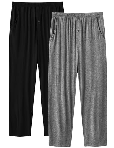 MoFiz Herren Pyjamahose Modal Schlafanzughose Lang Schlafhose Knopfleiste Weit Loungewear Einfarbig mit Taschen 2 Pack Schwarz/Dunkelgrau XXL von MoFiz