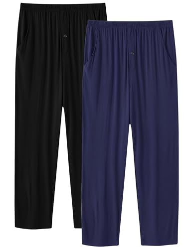 MoFiz Herren Pyjamahose Modal Schlafanzughose Lang Schlafhose Knopfleiste Weit Loungewear Einfarbig mit Taschen 2 Pack Schwarz/Marineblau XXL von MoFiz