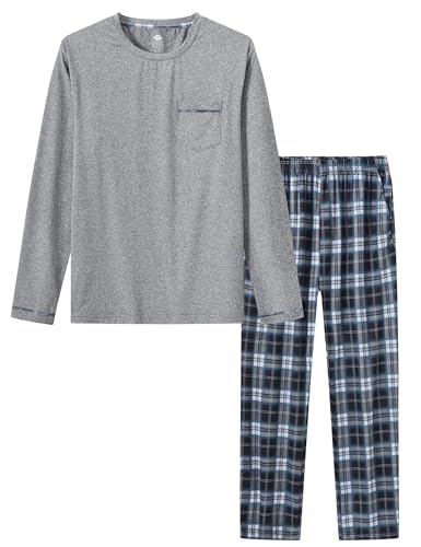 MoFiz Herren Schlafanzüge Lang Winter Pyjama Set Zweiteiliger Weich Warme Langarm Shirt Karierte Schlafanzughose Lange Loungewear Nachtwäsche Set Brusttasche Grau EU 4XL von MoFiz