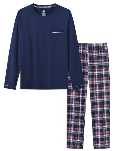 MoFiz Herren Schlafanzüge Lang Winter Pyjama Set Zweiteiliger Weich Warme Langarm Shirt Karierte Schlafanzughose Lange Loungewear Nachtwäsche Set Brusttasche Marineblau EU M von MoFiz