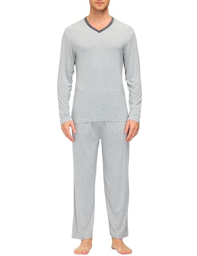 MoFiz Herren Schlafanzüge Pyjama Lang Zweiteiliger Schlicht Bambus Nachtwäsche Langarm Hausanzug V-Ausschnitt Loungewear Set Hellgrau Größe L von MoFiz