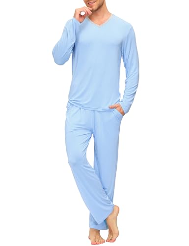 MoFiz Herren Schlafanzüge Zweiteiliger Pyjama V-Ausschnitt Schlafshirt und Schlafhose mit Elastischem und Freizeitanzug Hausanzug Nachtwäsche Himmelblau Größe S von MoFiz